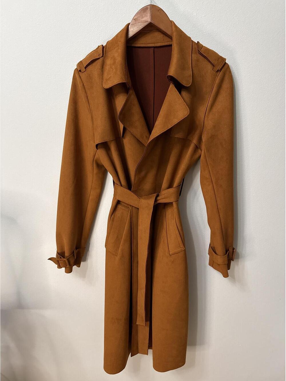 Vintage Women’s Genuine Leather Trench Coat Cognac Brown Belted Long Jacket
